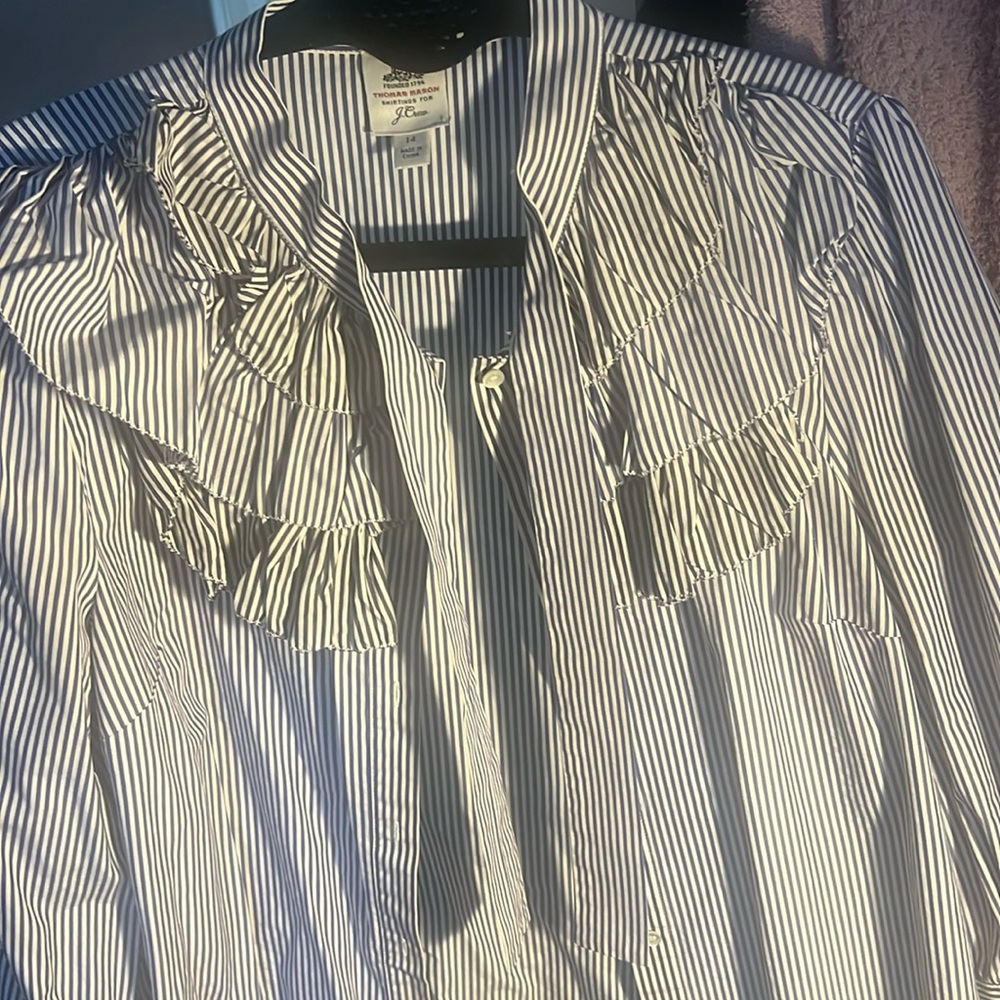 J Crew ruffled pinstripe dress up or down shirt.  80$ size 14